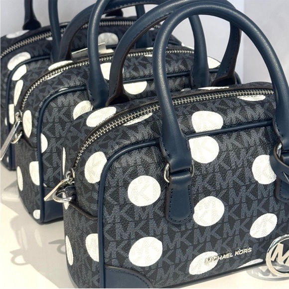 Michael Kors Thompson Extra-Small Polka Dot Signature Logo Satchel Bag Navy Blue - Picture 5 of 10